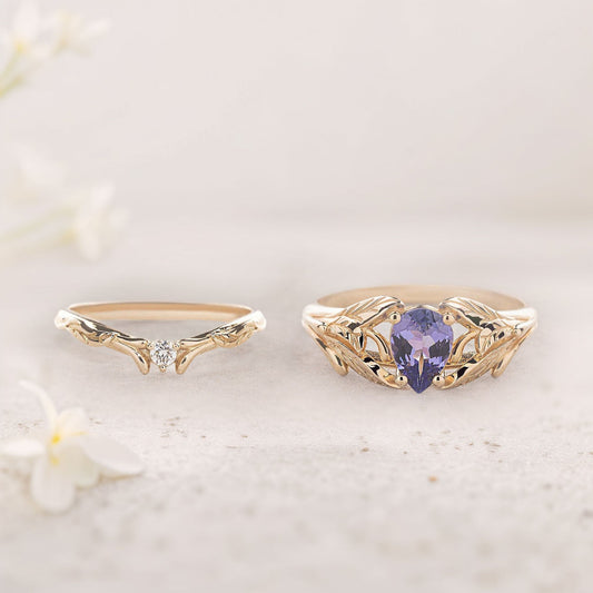 Unique floral engagement rings Pear Purple Lab Tanzanite engagement ring with Moissanite wedding Set