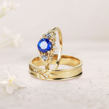 Unique Round Lab Sapphire Promise Ring Engagement Ring Set for Couples