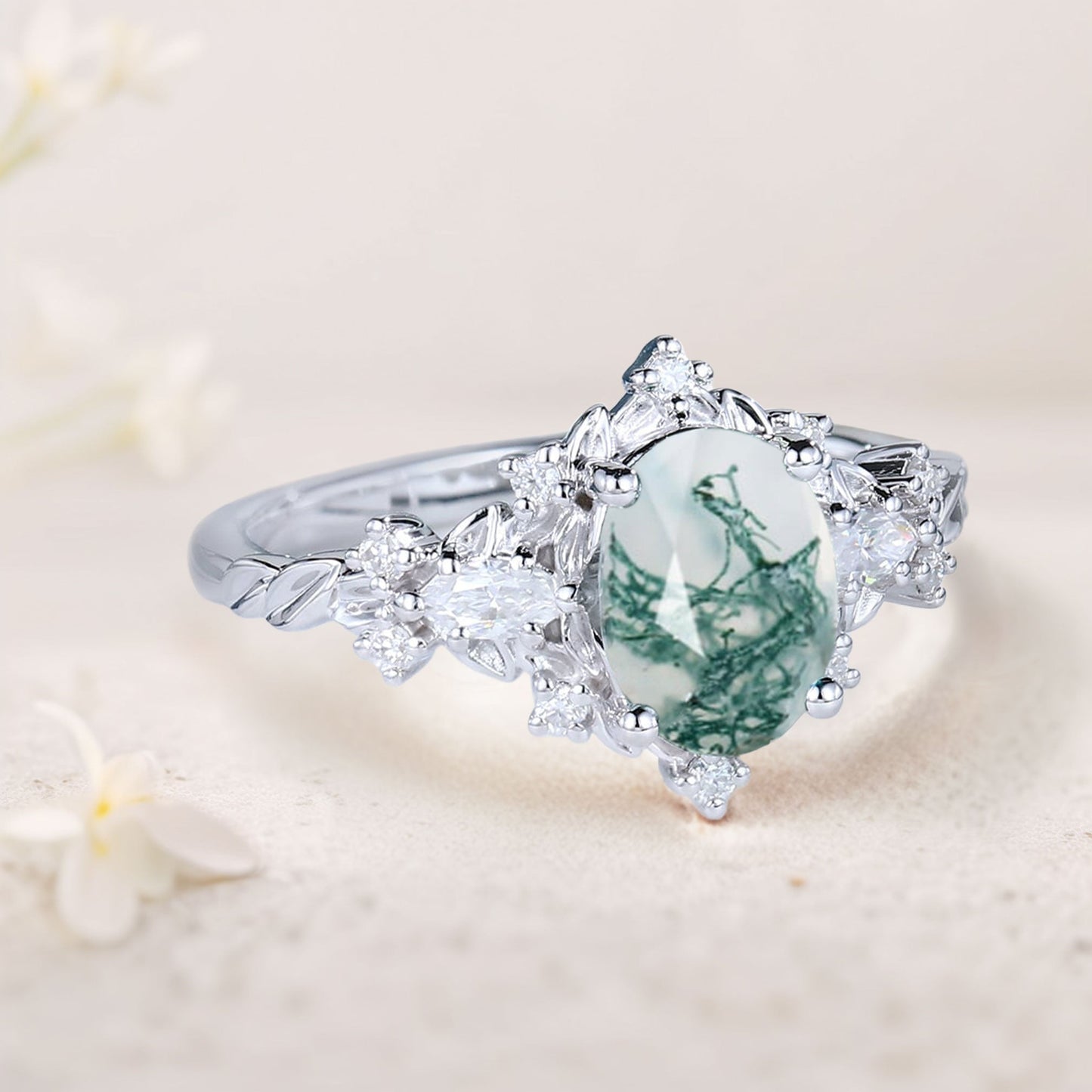 Vintage Briar Rose Oval Moss Agate Engagement Ring  Vine Ring