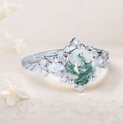 Vintage Briar Rose Oval Moss Agate Engagement Ring  Vine Ring