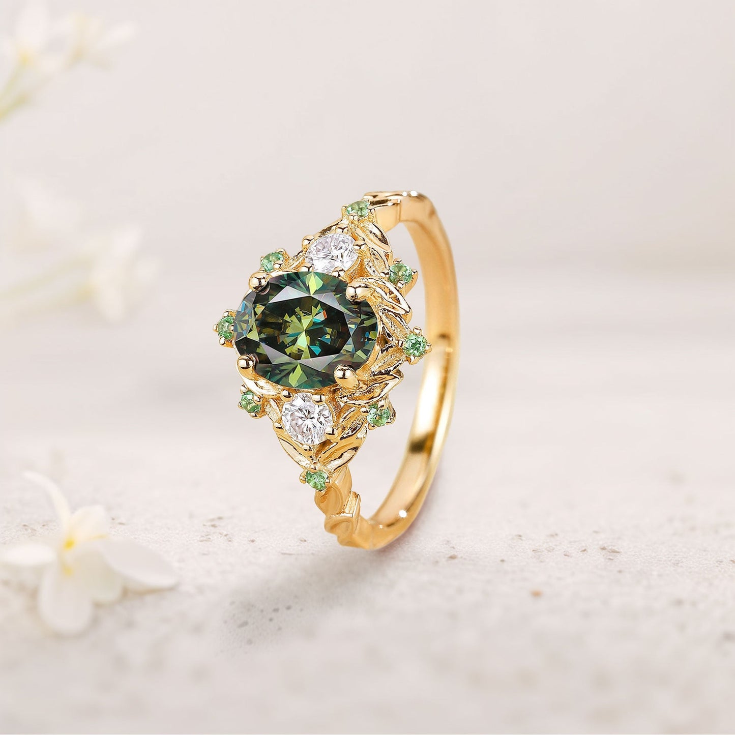 Vintage floral engagement rings Oval Green Moissanite Flower Engagement Ring Halo Promise Ring