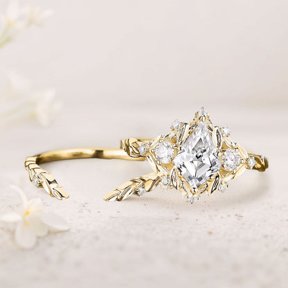 Unique floral engagement rings Kite Moissanite Engagement Ring Set Flower Bridal Set Leaf Wedding Ring