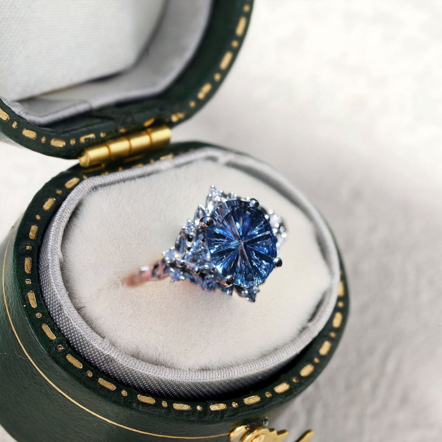 Unique Briar Rose Three Stone Starbrite Cut Oval Lab Sapphire Ring