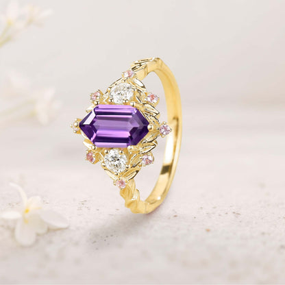 Unique floral engagement rings Long Hexagon Amethyst Cluster Wedding Ring Promise Ring For Women