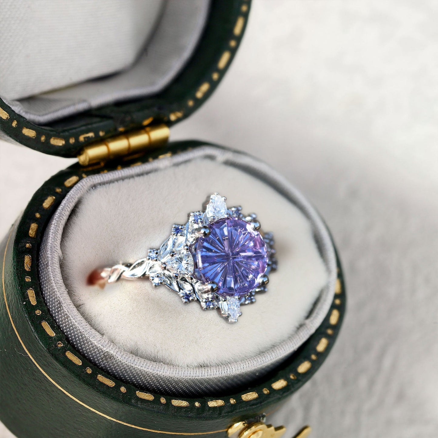 Unique Briar Rose Three Stone Starbrite Cut Round Purple Lab Sapphire Ring