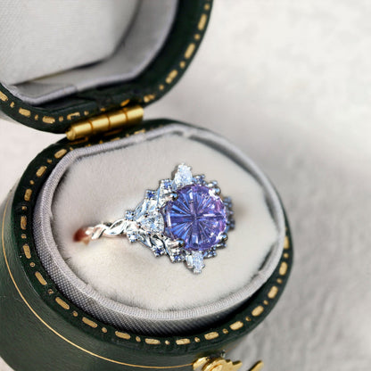 Unique Briar Rose Three Stone Starbrite Cut Round Purple Lab Sapphire Ring