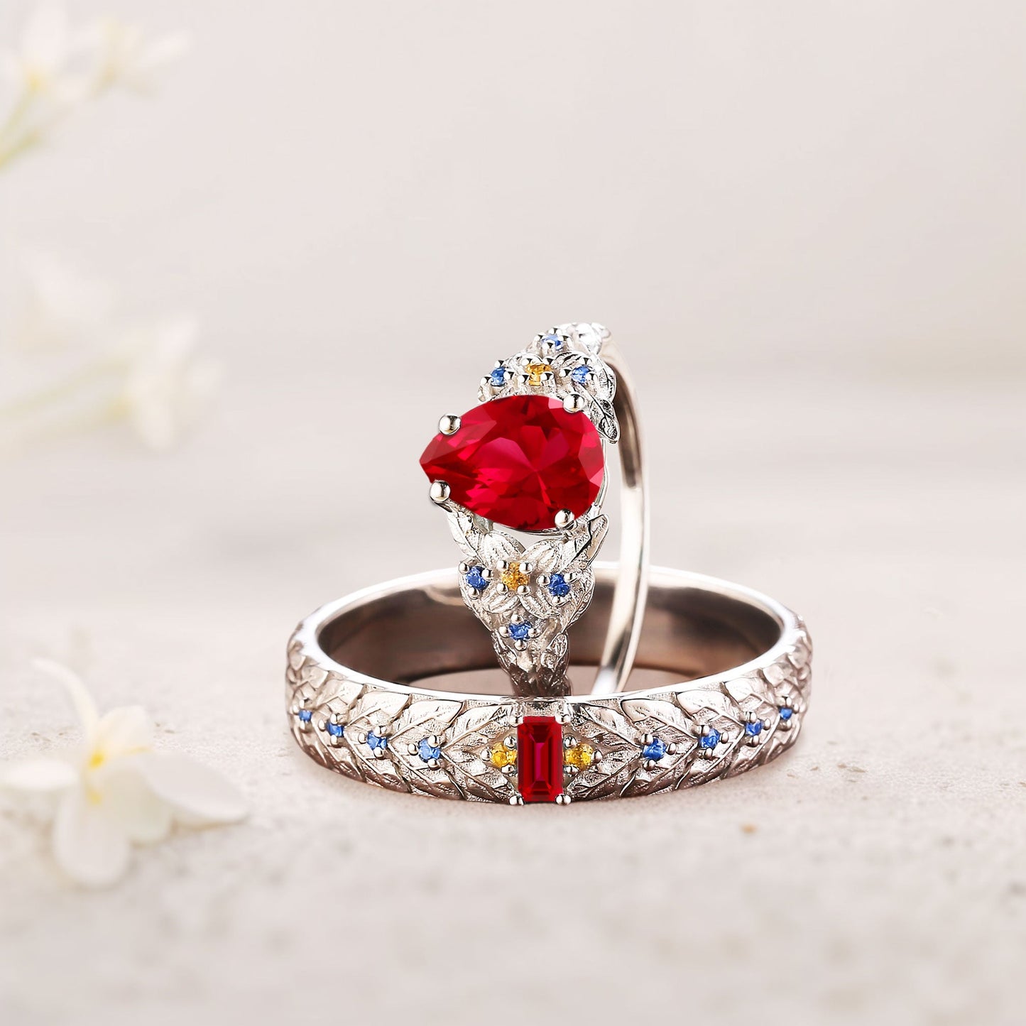 Unique Pear Lab Ruby His and Hers Matching Wedding Ring Set