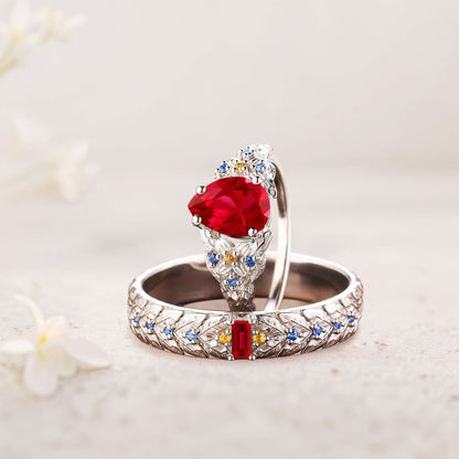 Unique Pear Lab Ruby His and Hers Matching Wedding Ring Set