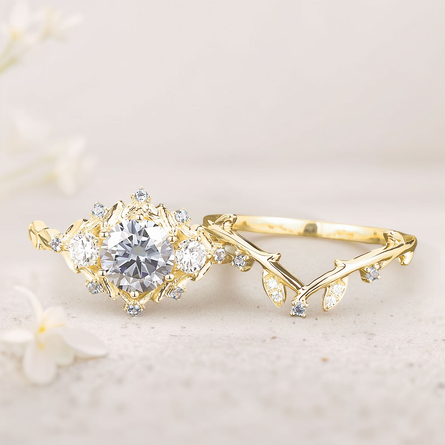 Unique Round Gray Moissanite Leaf Engagement Ring Set Bridal Promise Ring Moissanite Cluster Flower Wedding Band