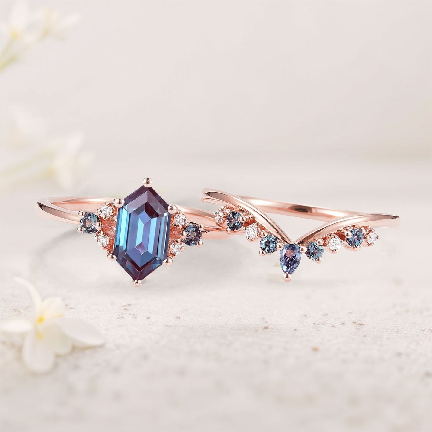 Unique Cluster Hexagon Cut Lab Alexandrite Seven Stone Gemstone Ring Set