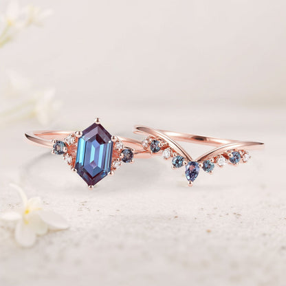 Unique Cluster Hexagon Cut Lab Alexandrite Seven Stone Gemstone Ring Set