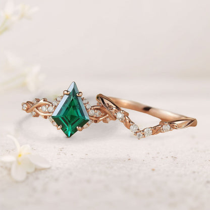 Unique Twig Kite Lab Emerald and Moissanite Bridal Ring Set