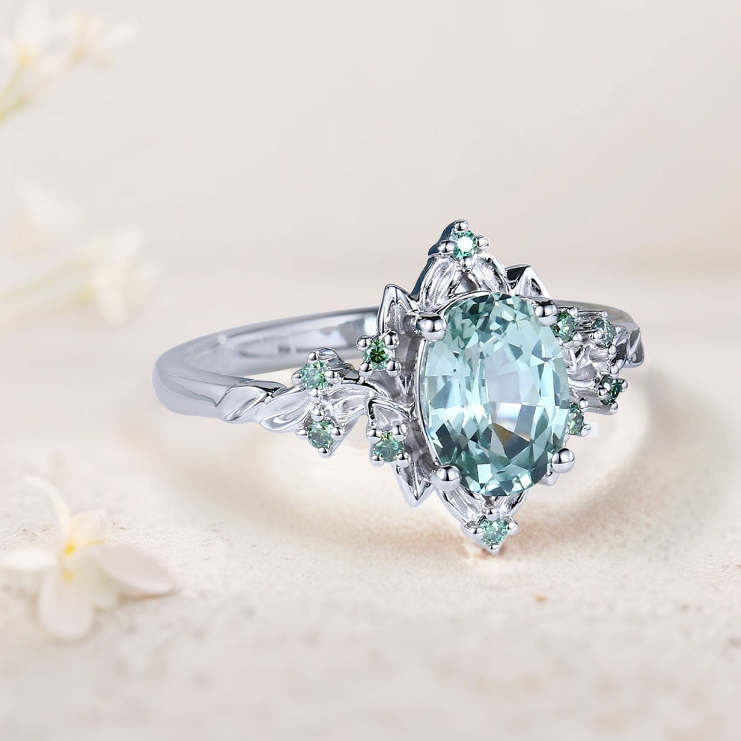 Vintage Briar Rose Oval Green Lab Sapphire Engagement Ring Olive Leaves Ring