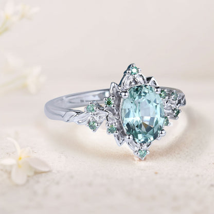 Vintage Briar Rose Oval Green Lab Sapphire Engagement Ring Olive Leaves Ring