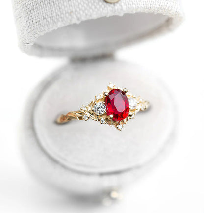 Unique Floral Rose Three Stone Oval Lab Ruby and Moissanite Ring