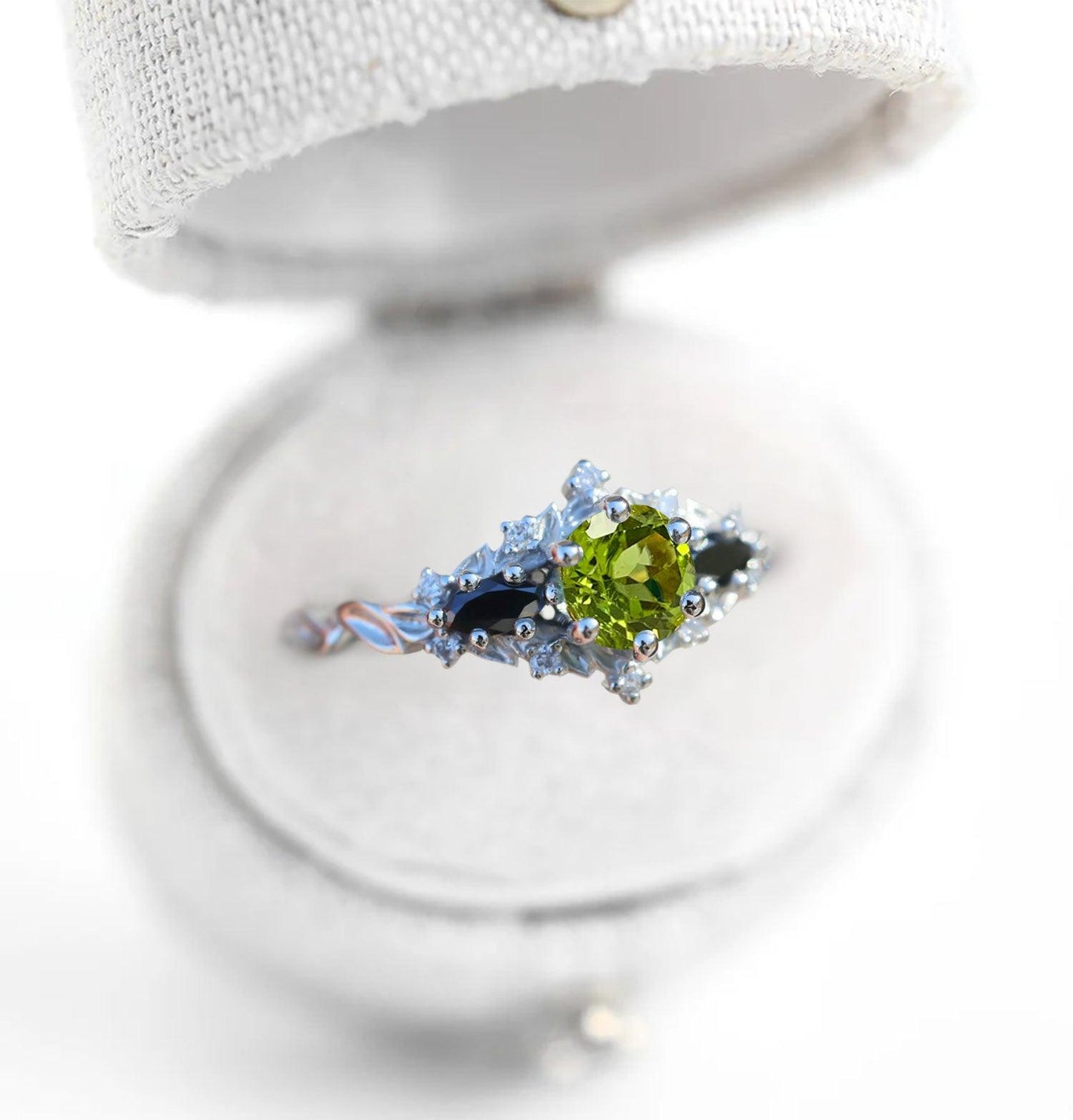 Unique Briar Rose Round Lab Peridot and Black Moissanite Ring
