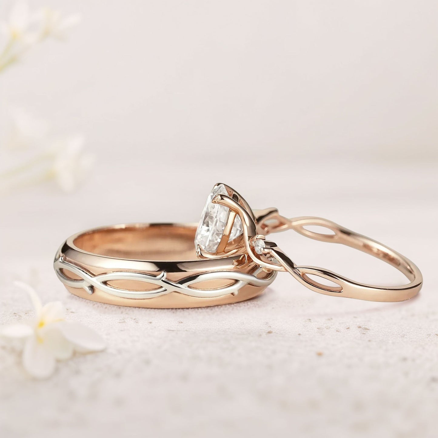Unique Leaf Design Vine Oval Moissanite Couple’s Ring Set