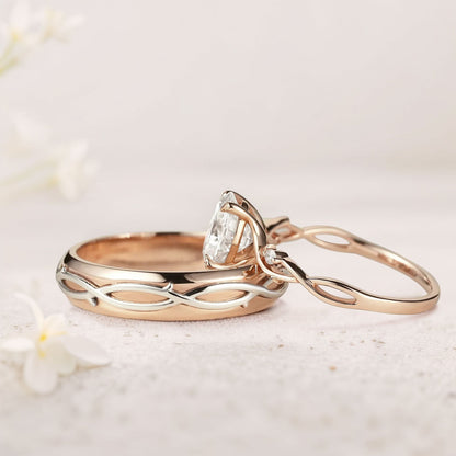 Unique Leaf Design Vine Oval Moissanite Couple’s Ring Set