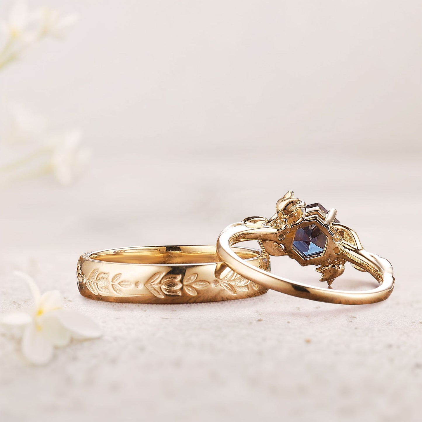 Unique Hexagon Alexandrite Couple Promise Engagement Ring Set