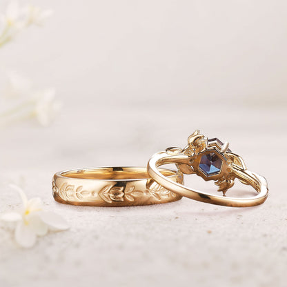 Unique Hexagon Alexandrite Couple Promise Engagement Ring Set