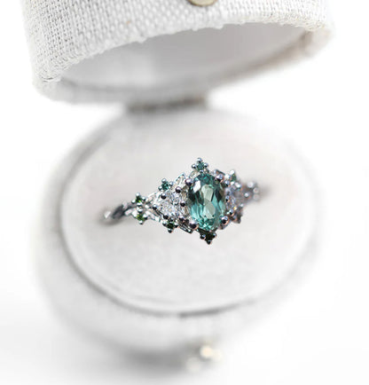 Unique Floral Rose Three Stone Oval Light Green Sapphire Ring