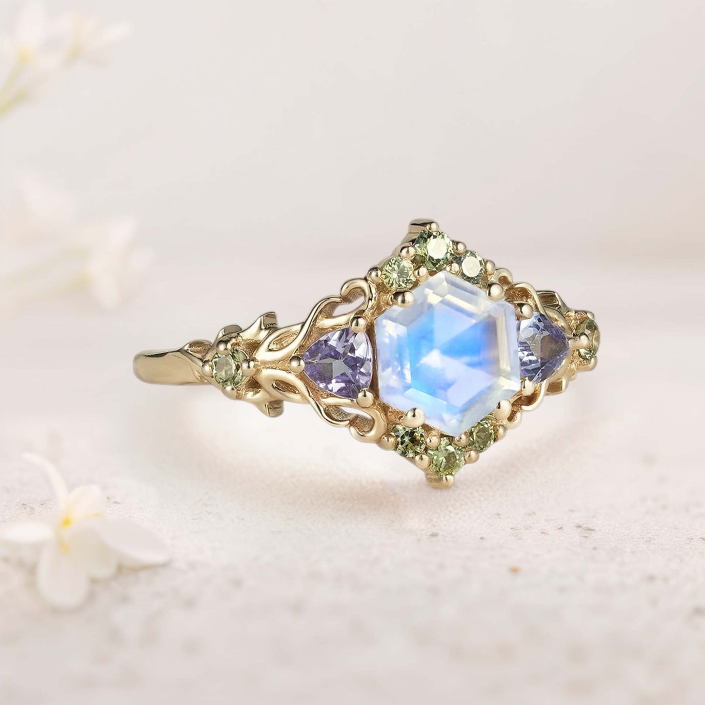 Unique floral engagement rings Three Stone Hexagon Lab Moonstone and Blue sapphire Leaf Ring