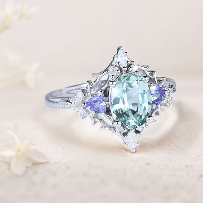 Vintage Briar Rose Oval Green Lab Sapphire Engagement Ring Filigree Ring