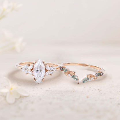 Vintage Marquise Moissanite Engagement ring set Cluster shank leaf Bridal Set
