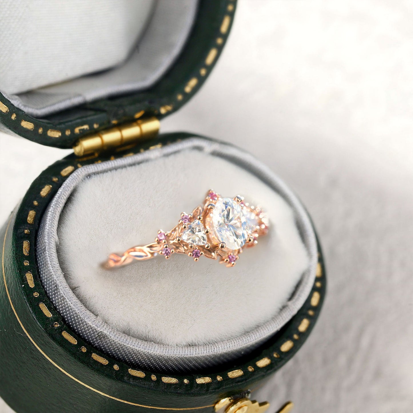 Unique Briar Rose Three Stone Oval Moissanite and Pink Sapphire Ring