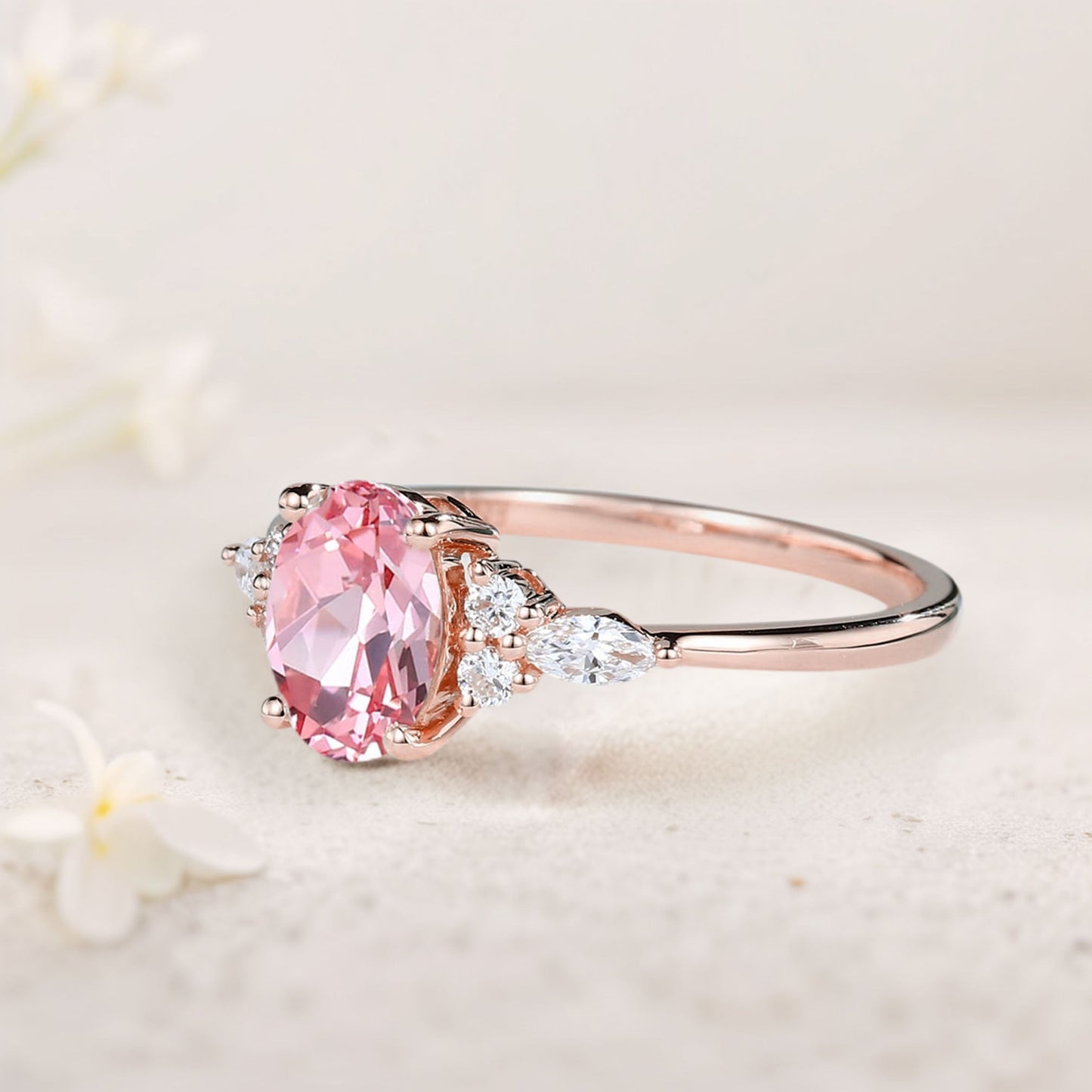 Vintage Oval Lab Padparadscha Cluster Engagement Ring