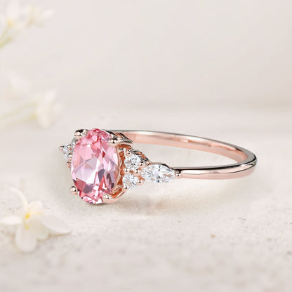 Vintage Oval Lab Padparadscha Cluster Engagement Ring