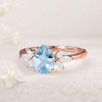 Unique Pear Lab Aquamarine Engagement Ring Simple Cluster Bridal Ring