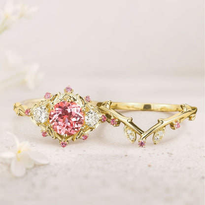Unique floral engagement rings Round Lab Padparadscha Twig Engagement Ring Set Dainty Leaf Wedding Ring Set