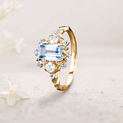 Unique floral engagement rings Lab Aquamarine Leaf Engagement Ring Promise Ring