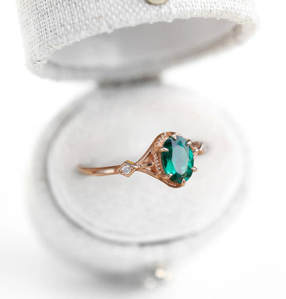 Vintage Milgrain Oval Lab Emerald Ring