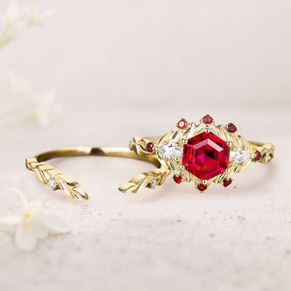 Unique floral engagement rings Hexagon Lab Ruby Engagement Ring set Promise Proposal Ring set