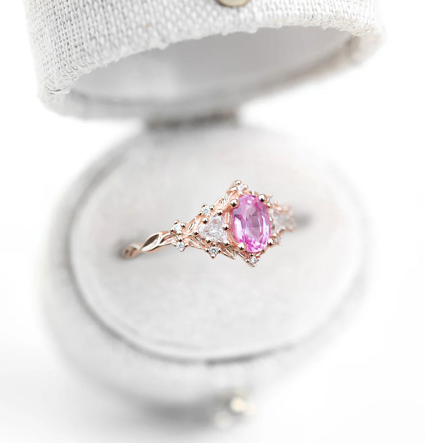 Unique Floral Rose Three Stone Oval Pink Padparadscha Ring (Sunrise)