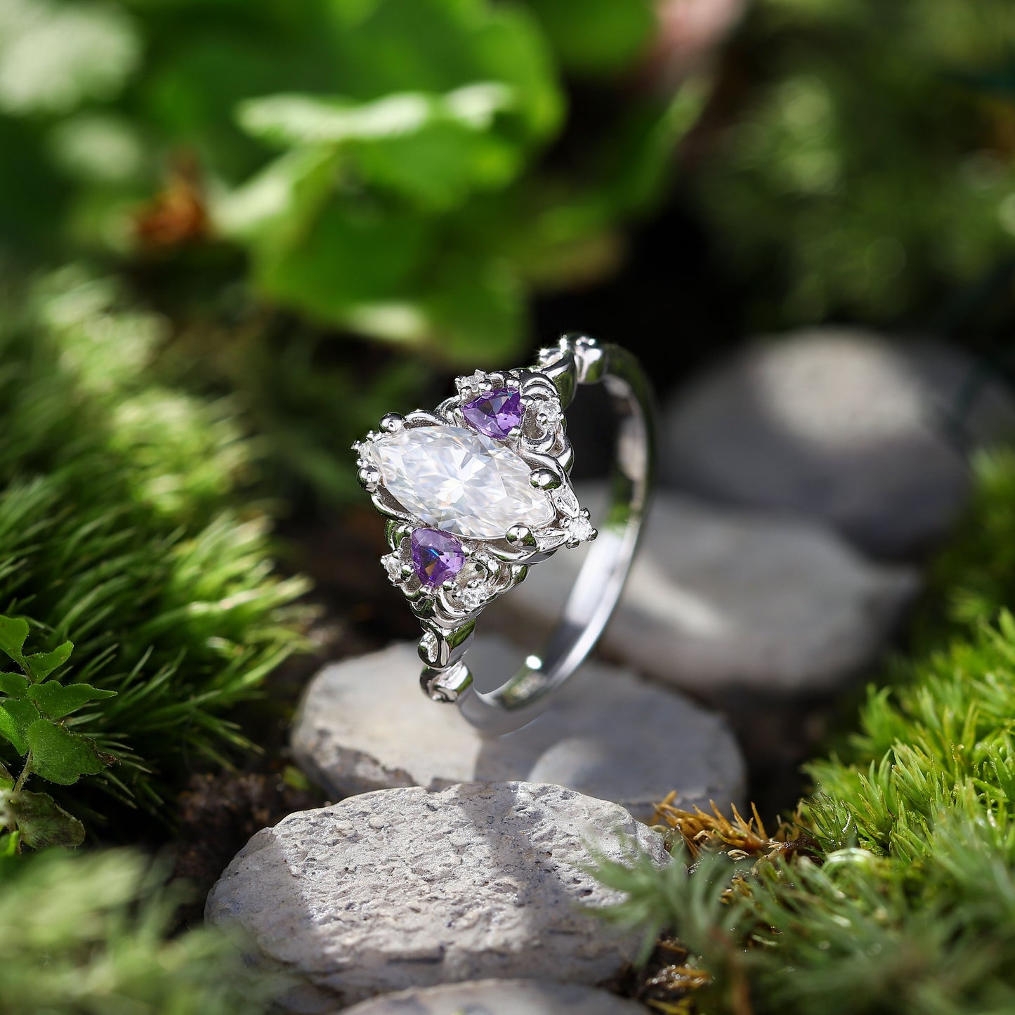 Unique Aurora Three Stone Marquise Moissanite and Tanzanite Ring