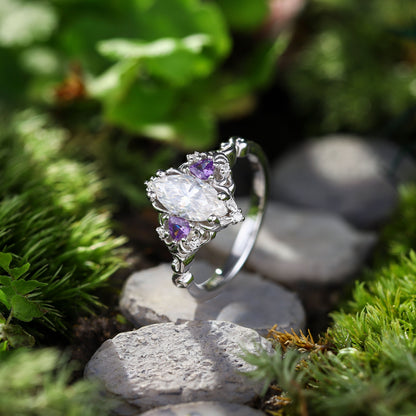 Unique Aurora Three Stone Marquise Moissanite and Tanzanite Ring