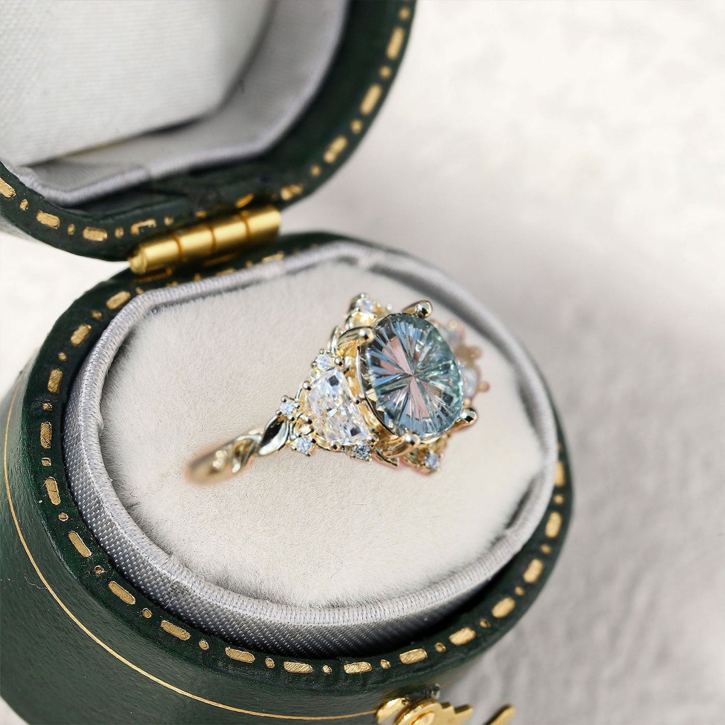 Vintage Starbrite Cut Oval lighter Green Lab Sapphire and Moissanite Ring