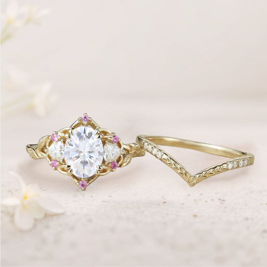 Vintage Three Stone Oval Moissanite Bridal Set