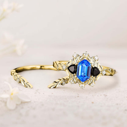 Unique Long Hexagon Lab Sapphire Leaf Engagement Ring Wedding Ring Set