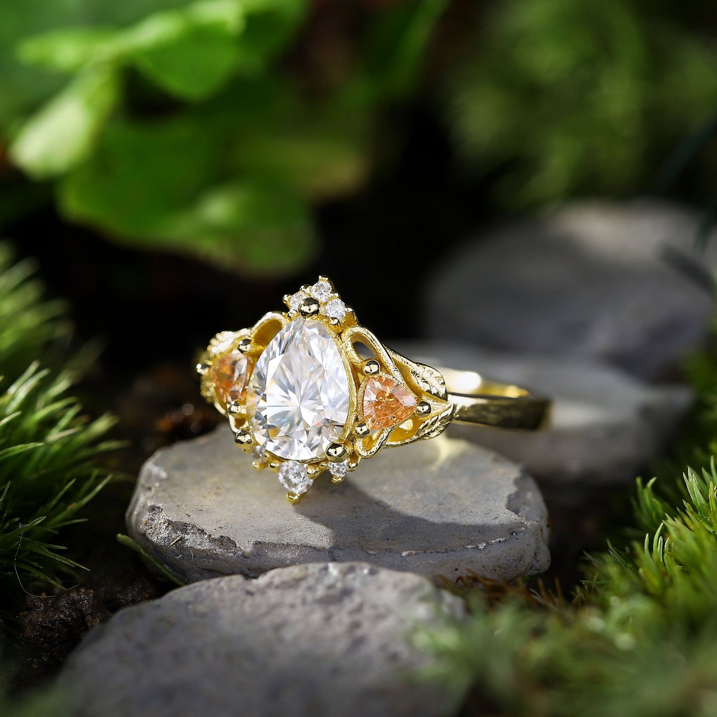 Unique Pear Moissanite Leaf Ring Engagement Ring