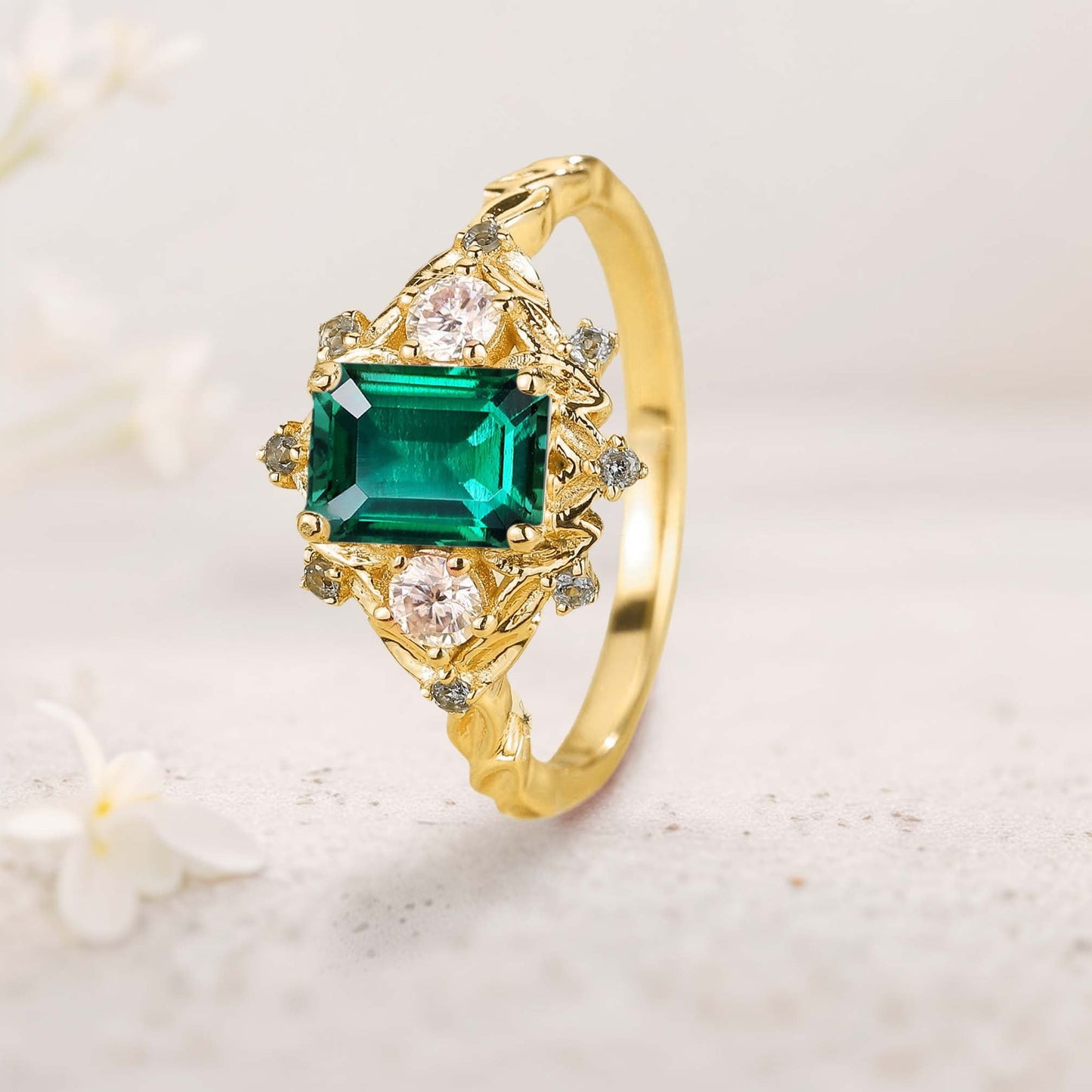 Vintage floral engagement rings Three Stone Lab Emerald Engagement ring Fairy ring