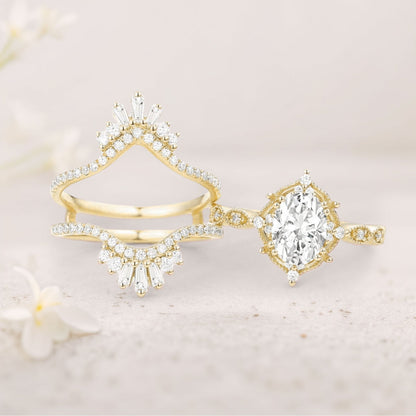 Vintage floral engagement rings Oval Moissanite Cage Flower Ring Set Bridal Ring Set