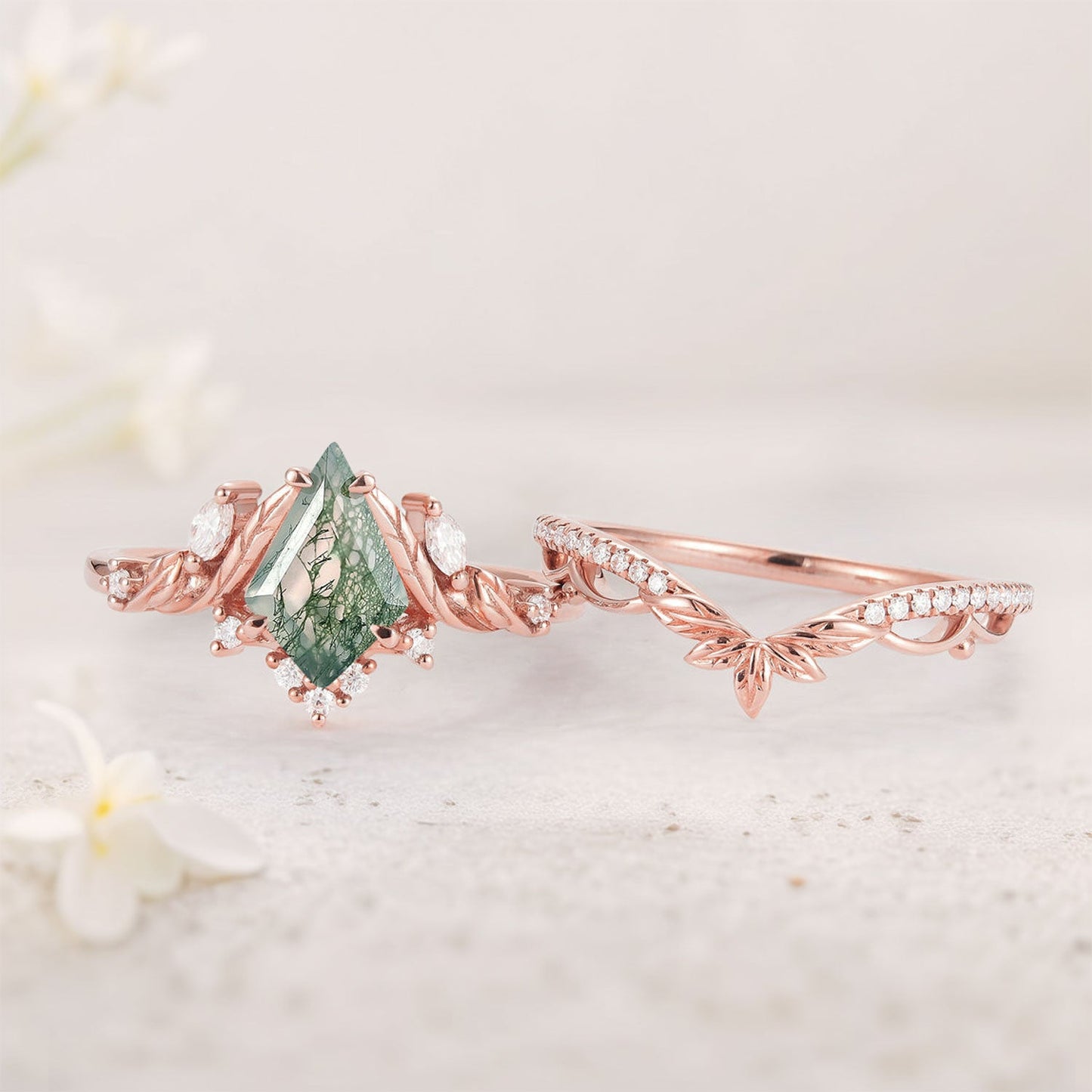 Unique floral engagement rings Kite Moss Agate Moissanite Leaf Engagement Ring Set