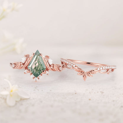 Unique floral engagement rings Kite Moss Agate Moissanite Leaf Engagement Ring Set