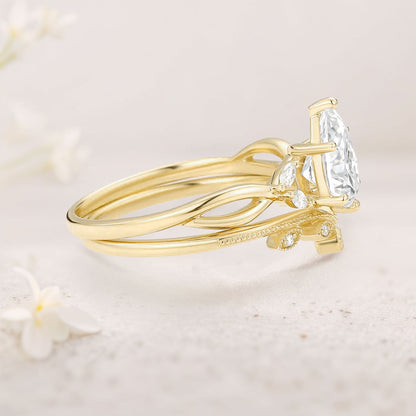Unique floral engagement rings Pear Moissanite Leafy Twig Bridal Ring Set