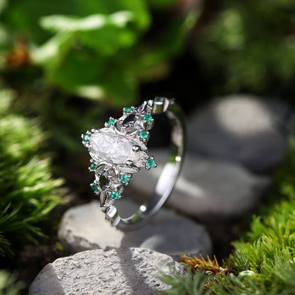 Unique Briar Moon Three Stone Marquise Moissanite and Lab Emerald Ring