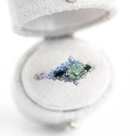 Unique Floral Rose Round Moss Agate and Black Moissanite Ring